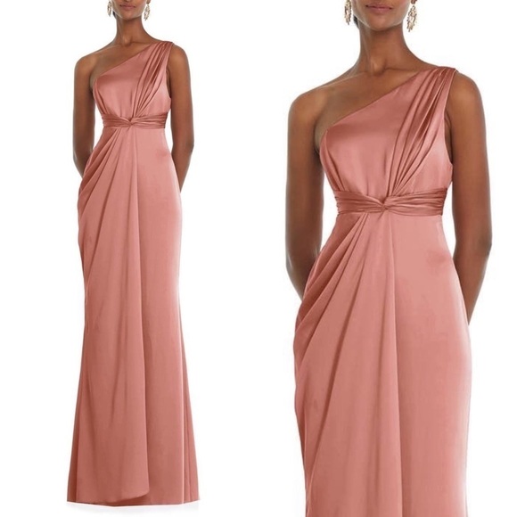Dessy Collection One-Shoulder Satin Gown Desert Rose - Picture 1 of 8